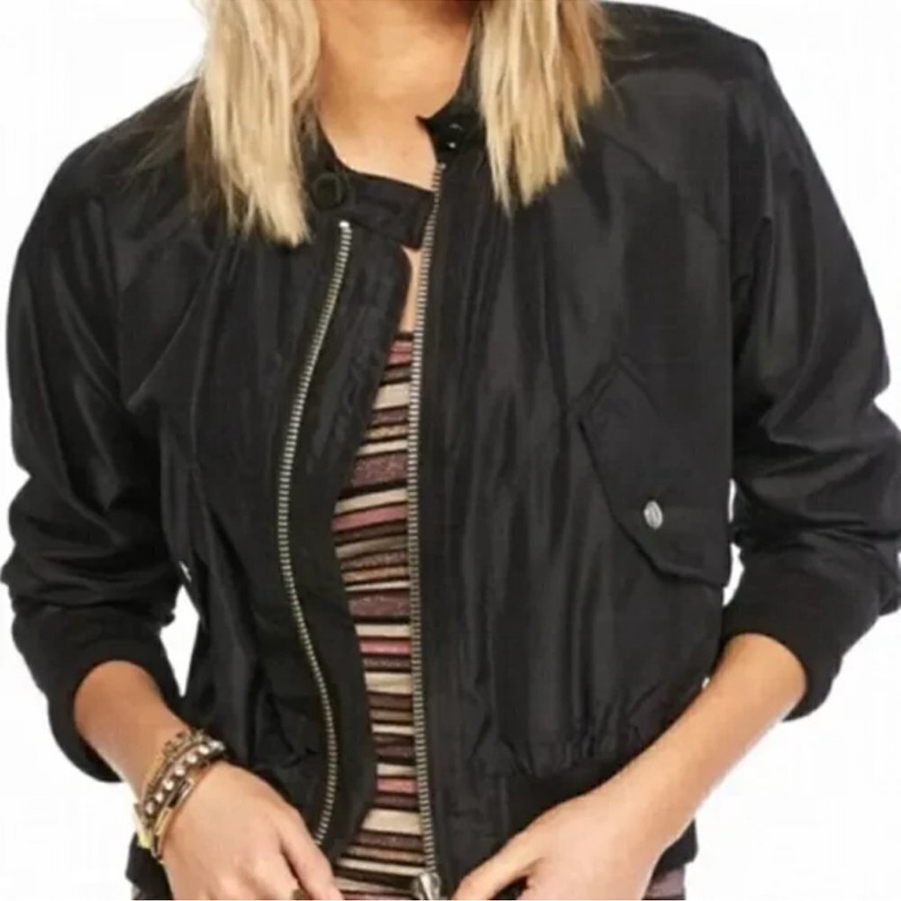 FREE PEOPLE Black Midnight Satin Full Zip Oversized Bomber Jacket L - Picture 2 of 16